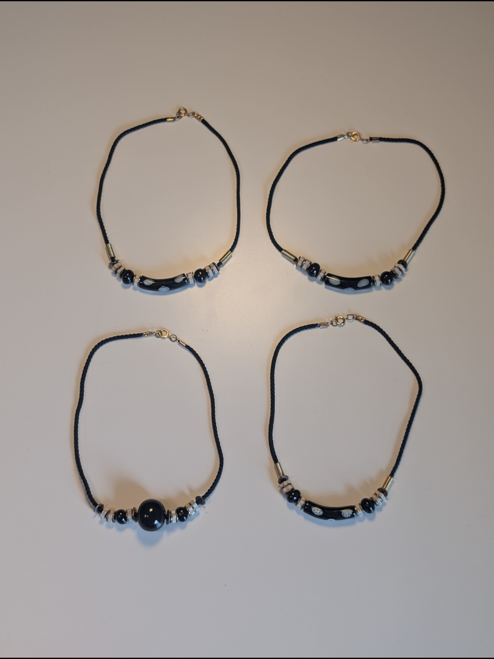 Lot of 4 Vintage 90s Boho Tribal Chokers - Black & White Glass Eye Beads - 16"